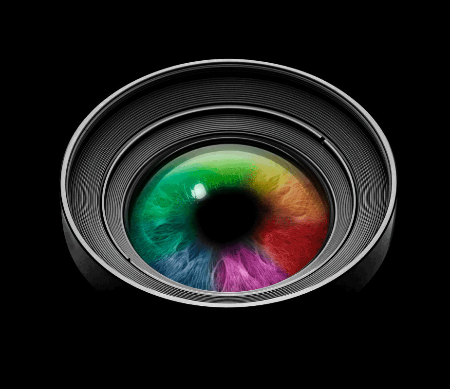 Rainbow colored eyeball in a camera lens