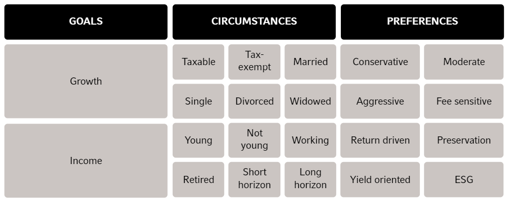 Goals, circumstances and preferences for financial professionals
