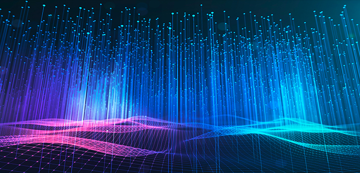 Abstract image of big data wave and information vertical line dots on a dark background.