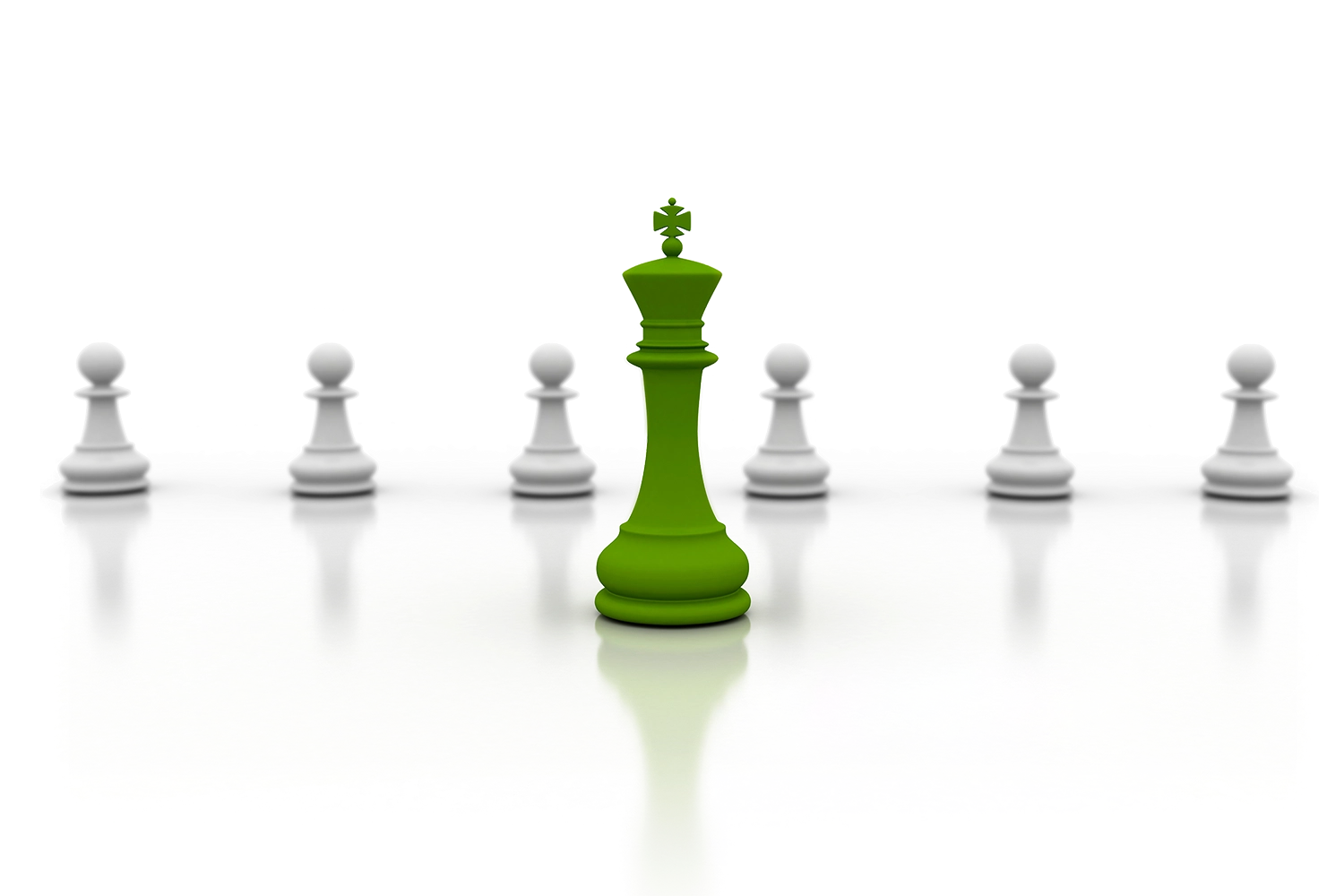 A green king chess piece stands in front of 6 white pawns
