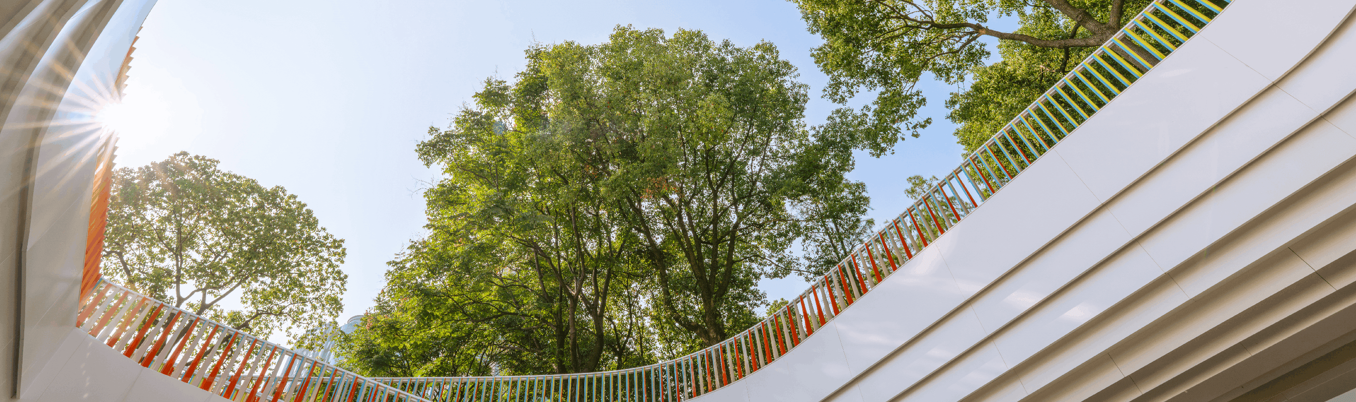 Upward looking image of a building with some trees