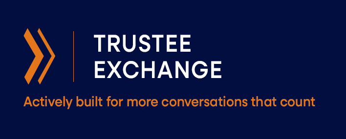 Trustee Exchange conversations tagline on navy background