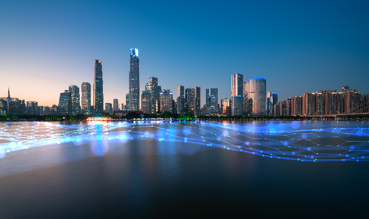 A city connected to the world, illustrated by the digital links over the water