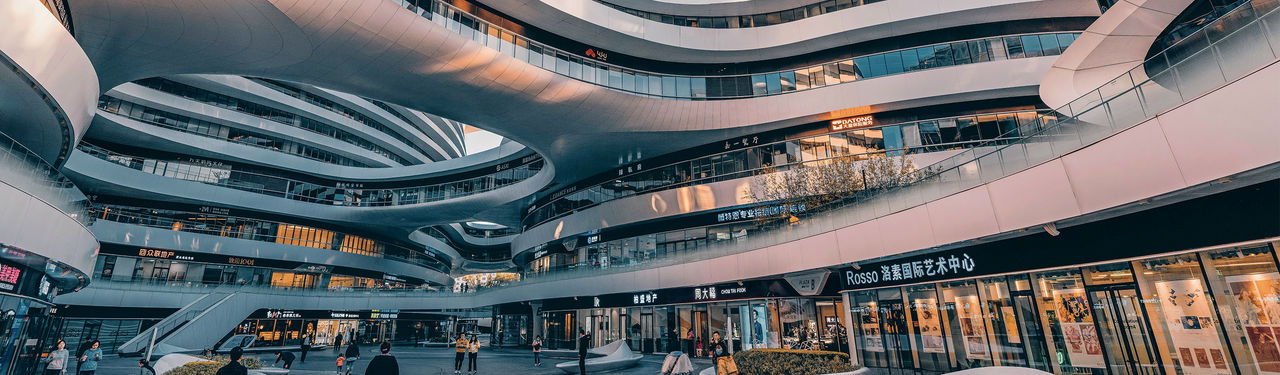 Futuristic multi-level urban shopping complex