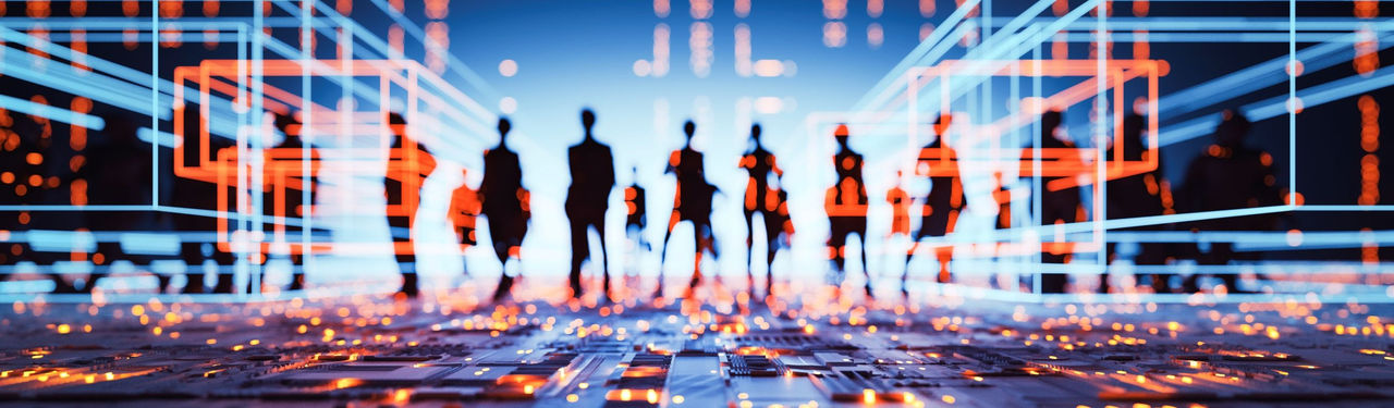 Silhouetted business team in digital data corridor