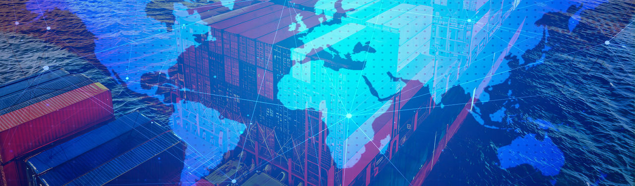 Global shipping containers with digital world map overlay