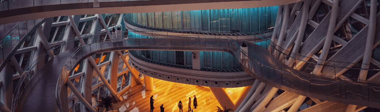 Futuristic interior walkway in modern atrium