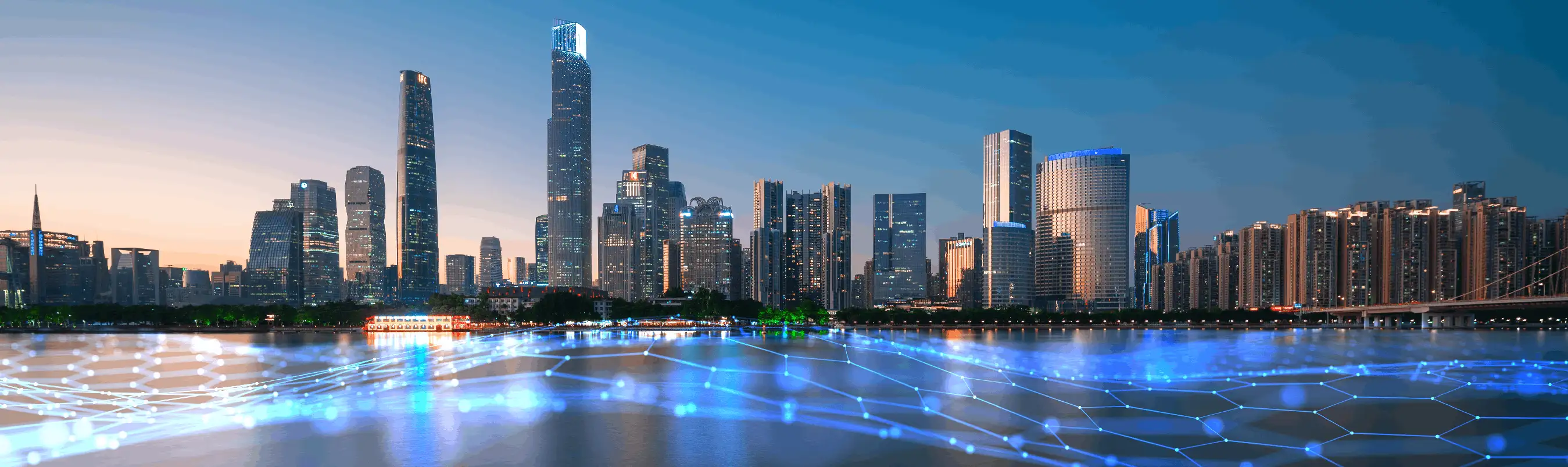 Modern city skyline with digital network overlay