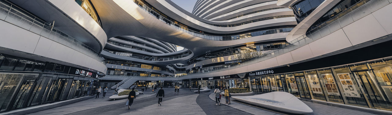 Futuristic multi-level urban shopping complex