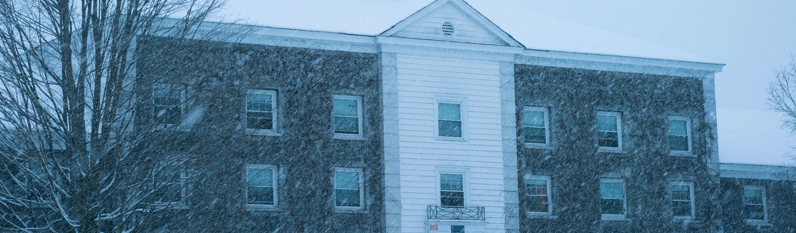 Snowstorm obscures brick building exterior view