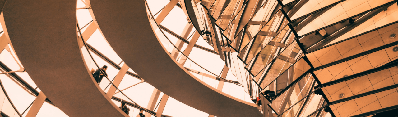 Modern spiral atrium with glass walkways